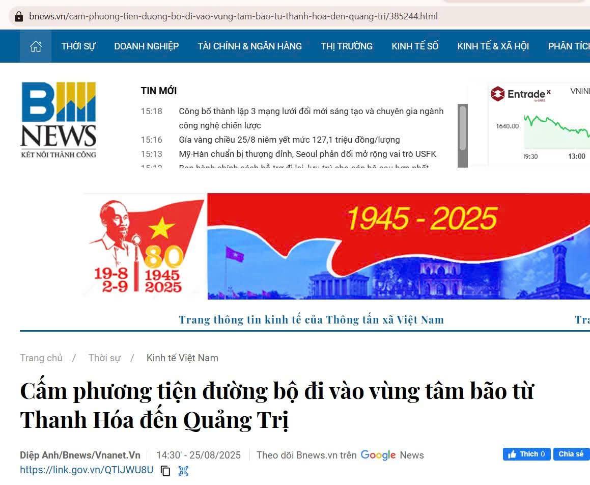 CẤM CÁC PHƯƠNG TIỆN ĐƯỜNG BỘ ĐI VÀO VÙNG NGUY HIỂM CỦA BÃO SỐ 5